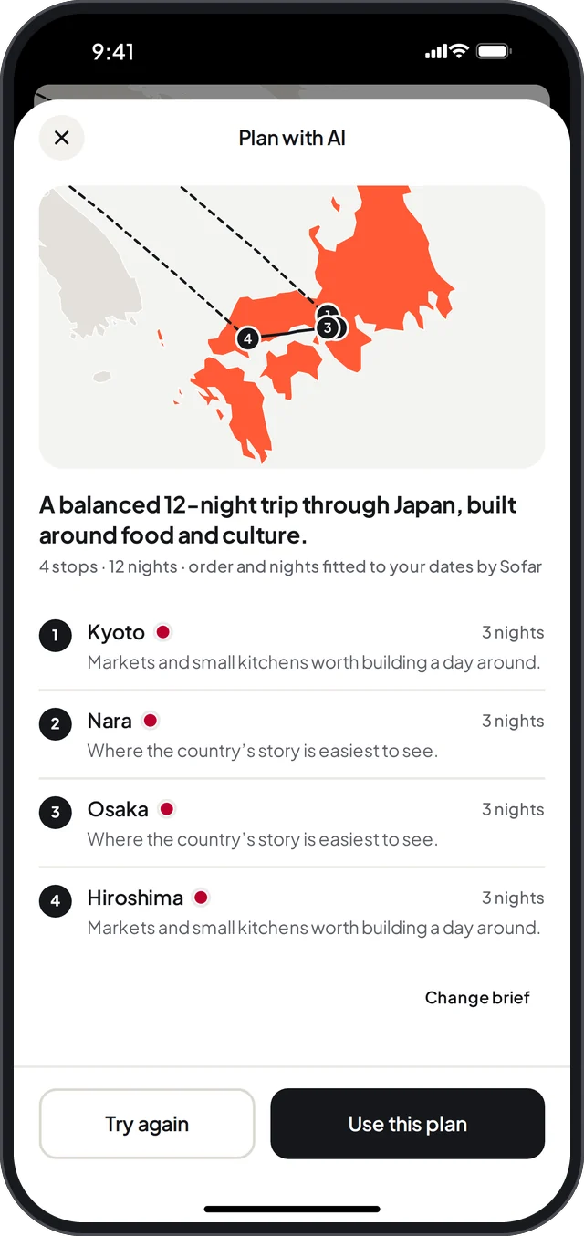 Plan with AI: a balanced 12-night trip through Japan, built around food and culture.
