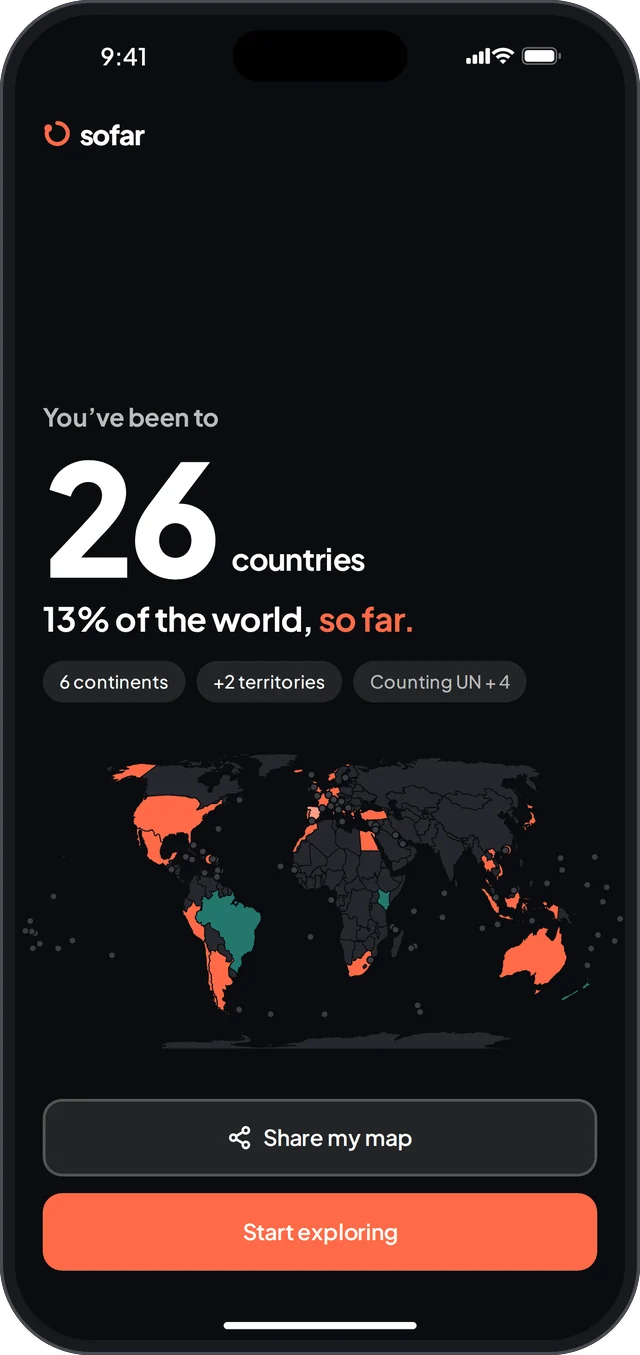 You’ve been to 26 countries, 13% of the world, so far, on a dark world map.