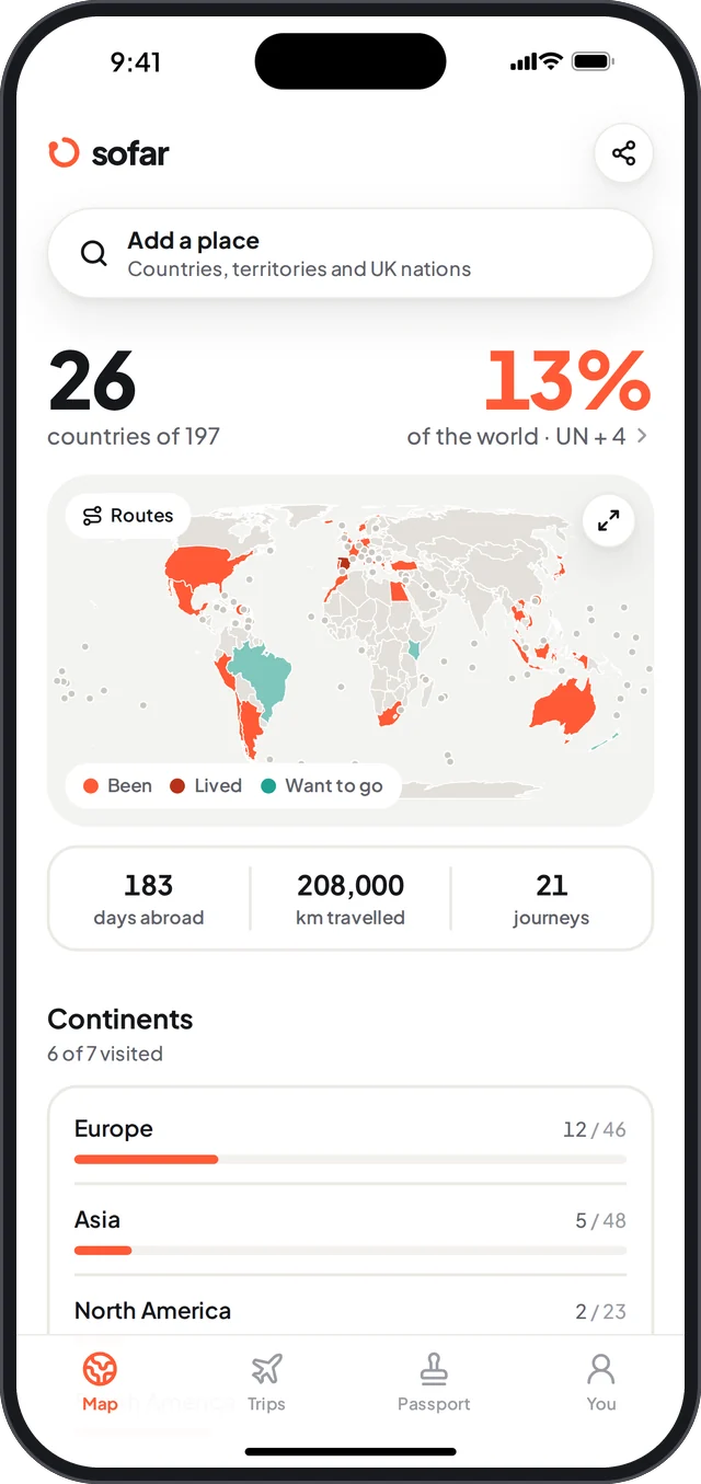 Sofar’s map: 26 countries of 197, 13% of the world, with routes drawn between them.