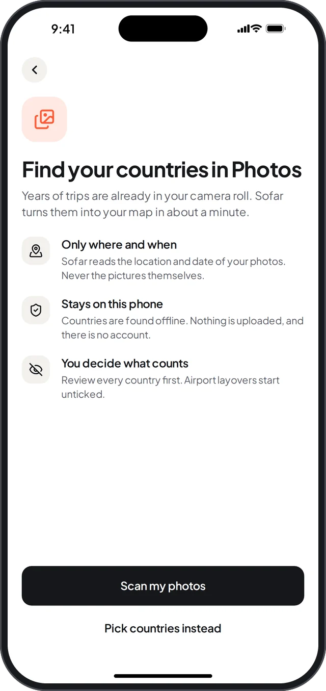 Sofar asks to find your countries in Photos: only where and when, stays on this phone, you decide what counts.