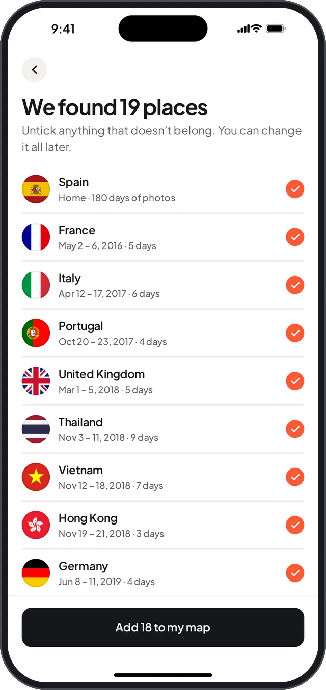 We found 19 places: Spain, France, Italy, Portugal, the United Kingdom and more, each with dates and photo counts.