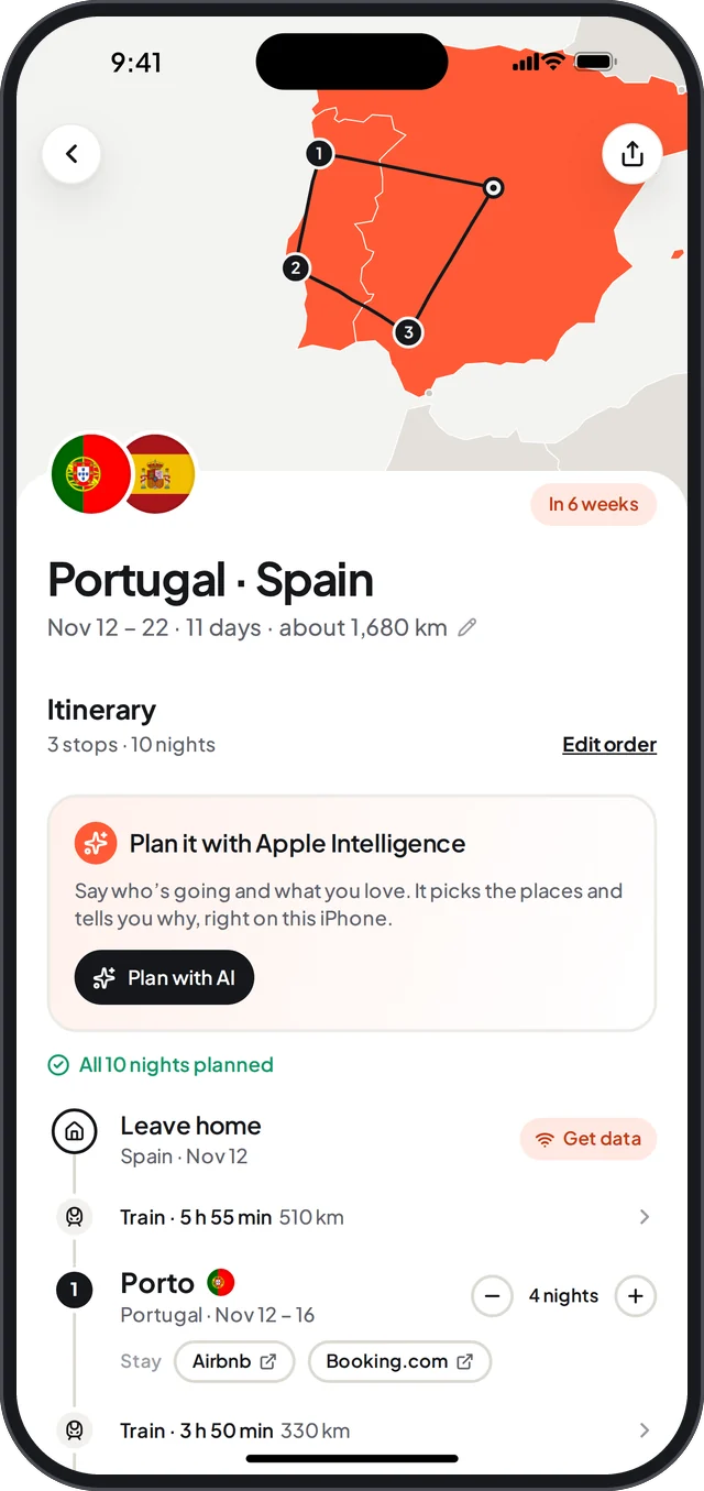 A trip through Portugal and Spain: Porto, Lisbon and Seville, with nights, trains and stays.