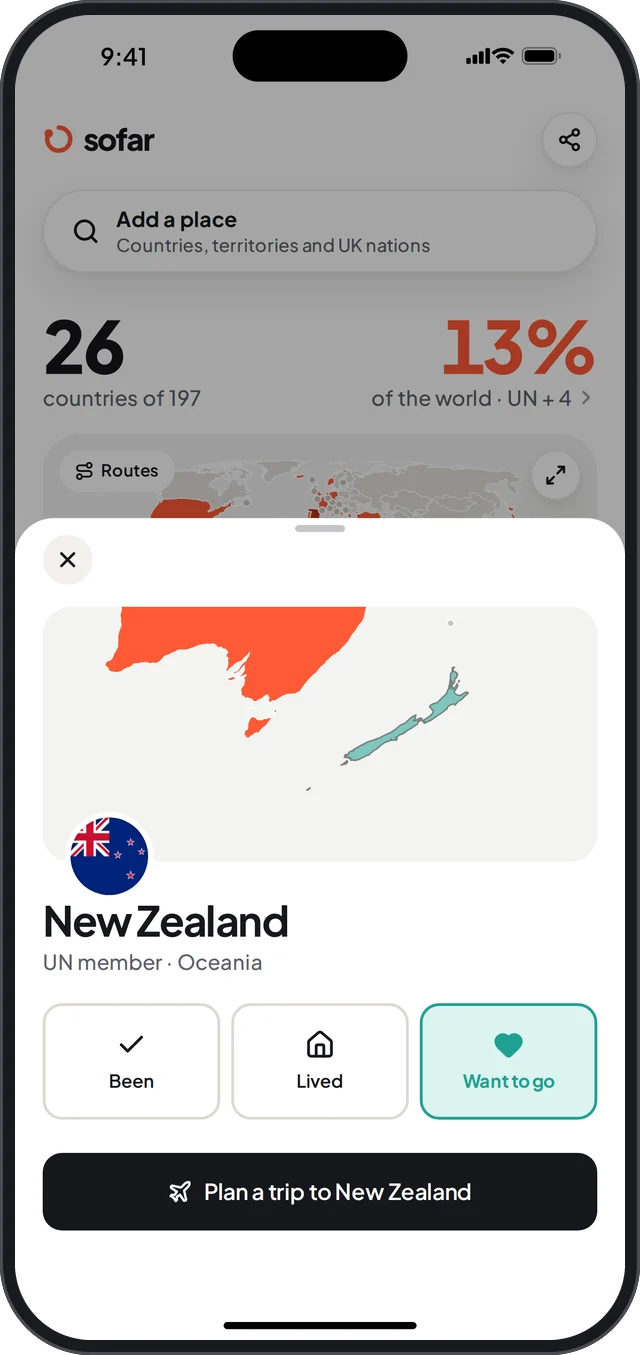 New Zealand marked as want to go, with a button to plan a trip there.